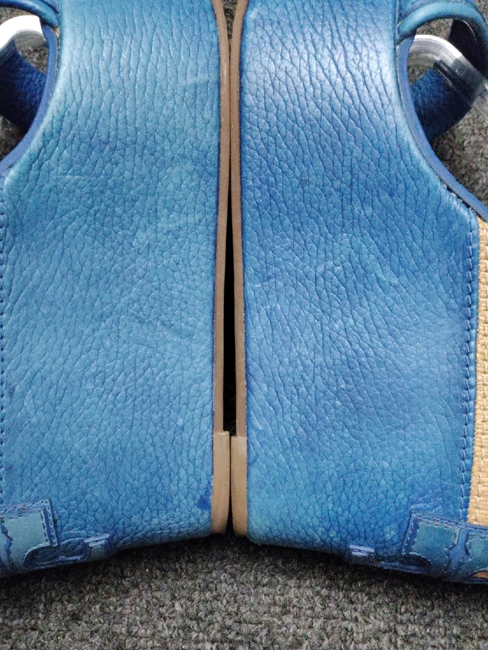 Tory Burch Blue Leather Wedge Sandals with Natural Raffia Accent - Picture 8 of 10